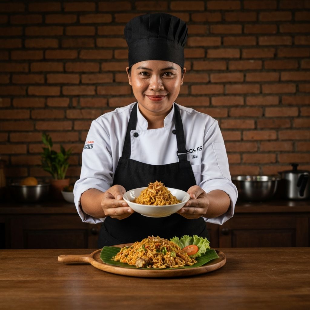 Chef Indonesia menyajikan hidangan di dapur profesional